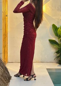 Maroon Embellished Off Shoulder Dress