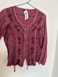 Embroidered Burgundy Rayon Kurta Top