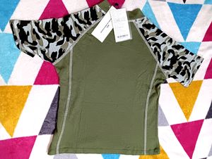 Girls Olive Green And Brown Solid Cotton Tshirt