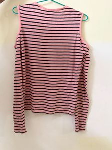 Pink and Black Striped Cold Shoulder Top