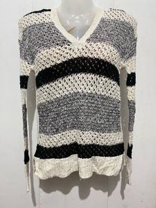 Striped Crochet Knit V-Neck Sweater