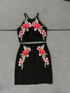 Black Flower Patch Crop Top & Skirt Set