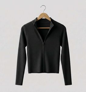 Black Ribbed Top with Collar Zip