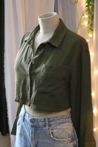 Olive Green Cropped Button-Up Shirt