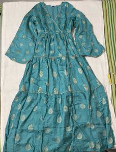 Teal Ethnic Gown/Dress with Gold Print