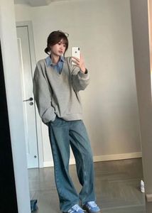 V-Neck Grey Sweatshirt with Blue Shirt Insert