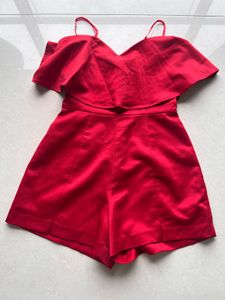 Chic Red Ruffle Off-Shoulder Romper