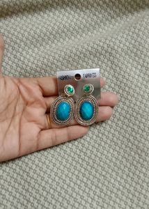 Brand New Blue Colour Stoned Black Metal Earrings