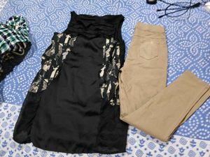 Stylish Black Top & Khaki Pants Set