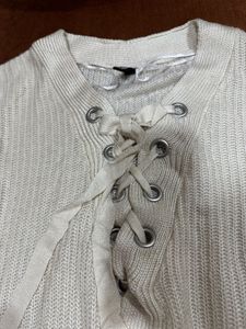 Cream Lace-Up Knit Sweater