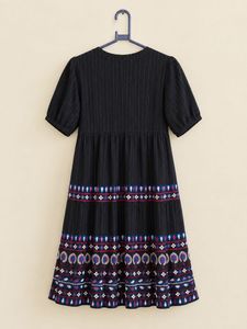 Embroidered Black Striped Dress