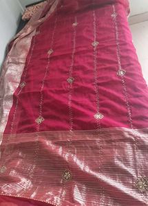 Magenta Soft Organza Handwork Saree with Zari Bord