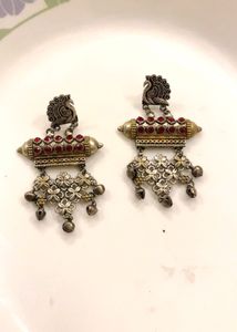Boho Oxidized Silver Peacock Earrings