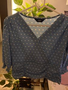 Cute Blue Polka Dot Wrap Top
