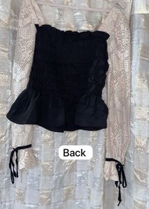 Black Smocked Lace Sleeve Top