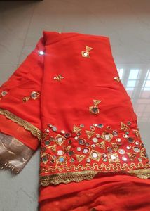 Orange Saree with Mirror Work
