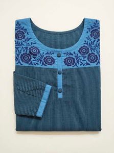 Blue Striped Kurta with Floral Embroidery