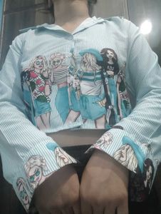 Striped Graphic Print Cropped Shirt