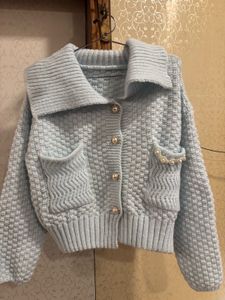 Light Blue Knit Cardigan with Pearls