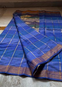 Royal Blue Cotton Silk Checked Design Saree