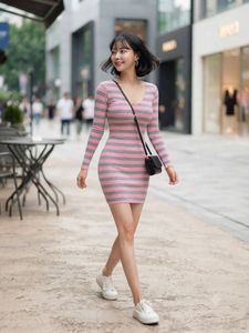 Pink &amp; Grey Striped Long Sleeve Dress