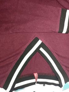 Maroon V-Neck Striped Trim Top