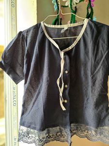 Navy Blue Lace Trim Blouse