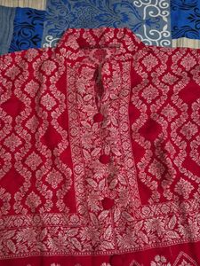 Red &amp; White Embroidered Kurta