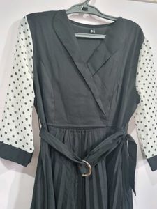 Black  Midi Dress with Polka Dot Design Sleeves