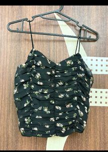 Black Floral Ruched Crop Top