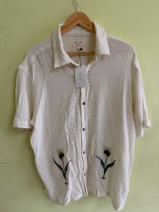 Men's Cream Embroidered Button-Up Shirt