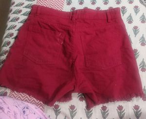 Red Distressed Denim Shorts