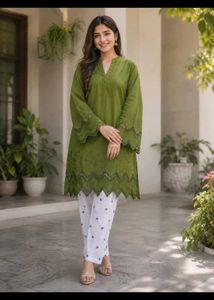 Green Kurta with White Pants Set