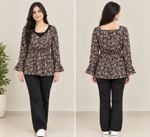 Floral Print Long Sleeve V-Neck Top