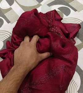 Elegant Maroon Saree with Glitter Stripes