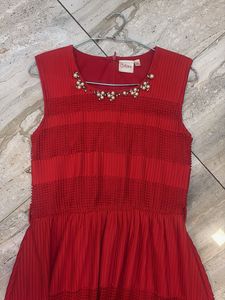 Elegant Red Pleated Maxi Dress with Embellishments