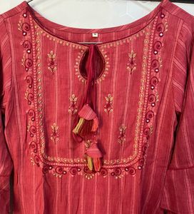 Raddish Striped Embroidered Kurta with Bell Sleeve