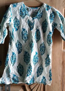 White &amp; Blue Block Print Kurta