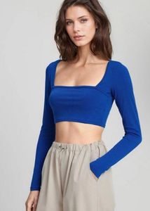 Blue Square Neck Long Sleeve Crop Top