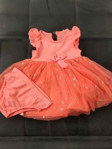 Girls Coral Gold Heart Tulle Dress &amp; Bloomer Set