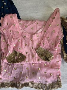 Elegant Pink Kurta with Navy Blue Dupatta,Palazzo