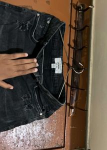 Distressed Black Denim Shorts