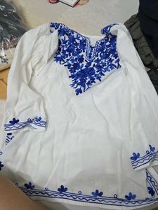 White Kurta with Blue Embroidery