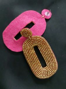 Golden Handmade Ovel Shape Earrings With Pink Base