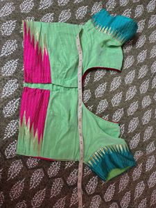 Light Green Saree with Pink &amp; Blue Blouse