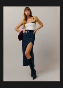Dark Wash Denim Maxi Skirt with Slit