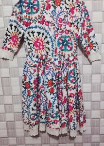Vibrant Floral Print Kurta Frock with Lace Trim