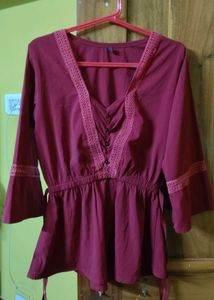 Maroon Lace Trim Peplum Blouse