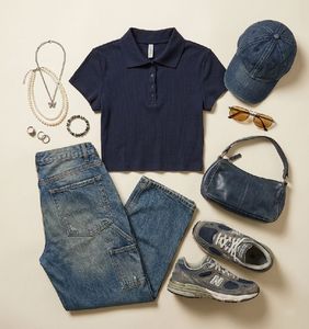 H&M Navy Ribbed Cropped Polo Shirt