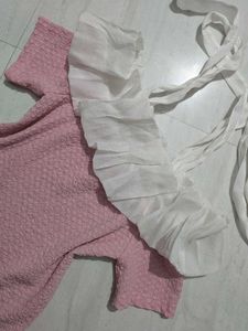 Pink Seersucker Blouse with White Ruffle
